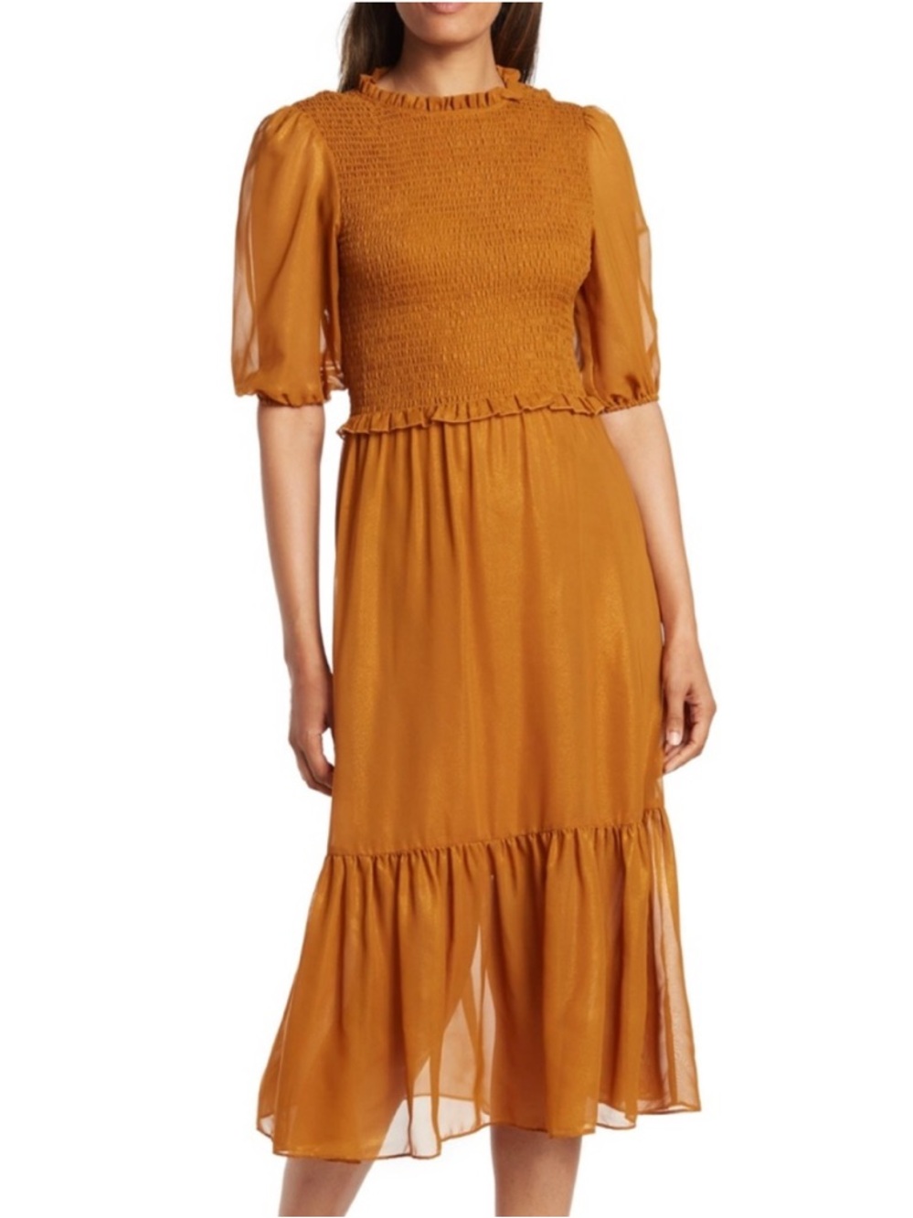 Nanette Lepore "Medieval Gold" puff sleeve smocked midi dress